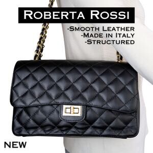 Roberta Rossi Italian Leather Shoulder Bag Black Quilted Gold Chain Italy NEW